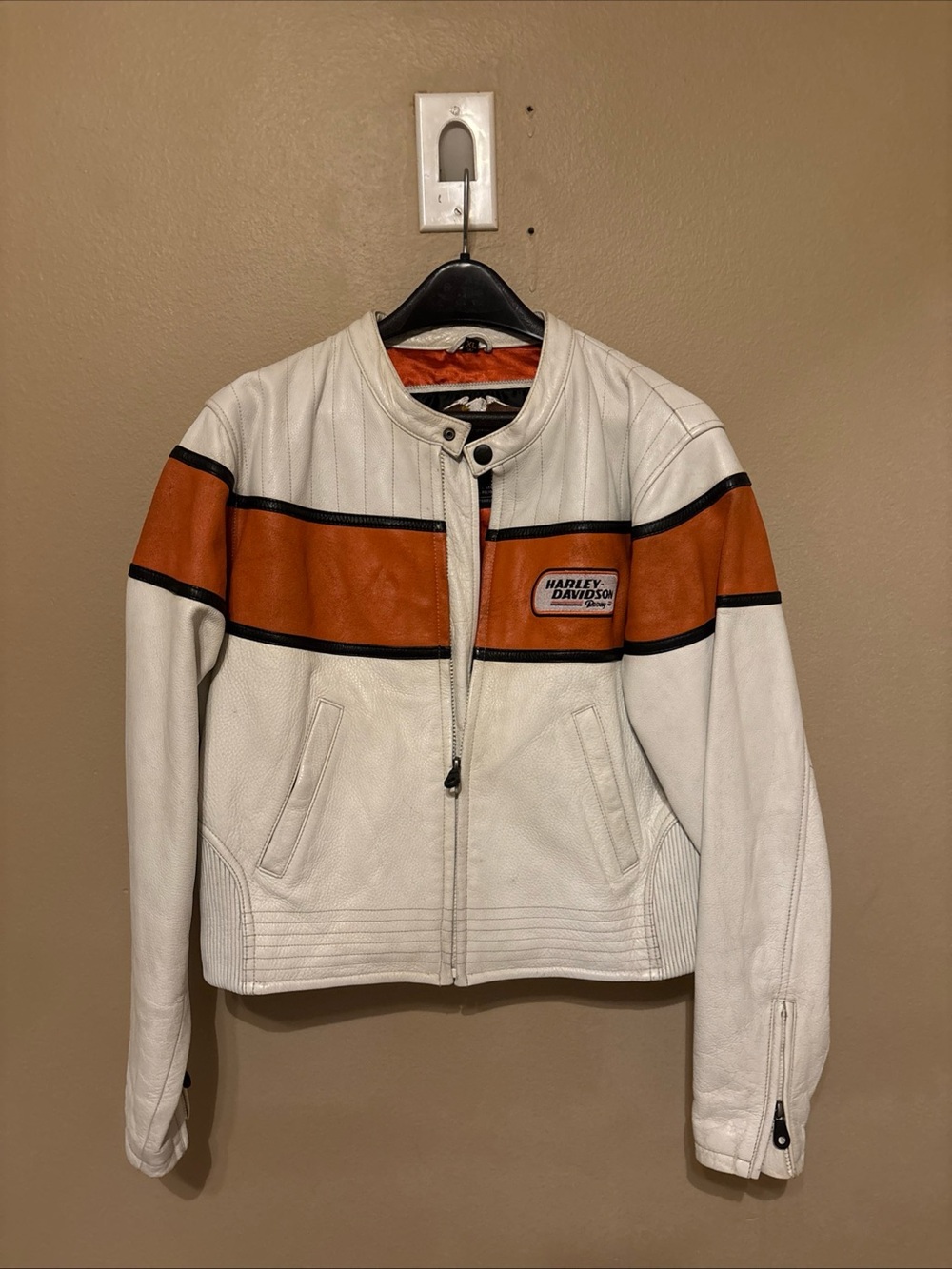 Harley-Davidson Women's White Leather Jacket with Orange Stripe